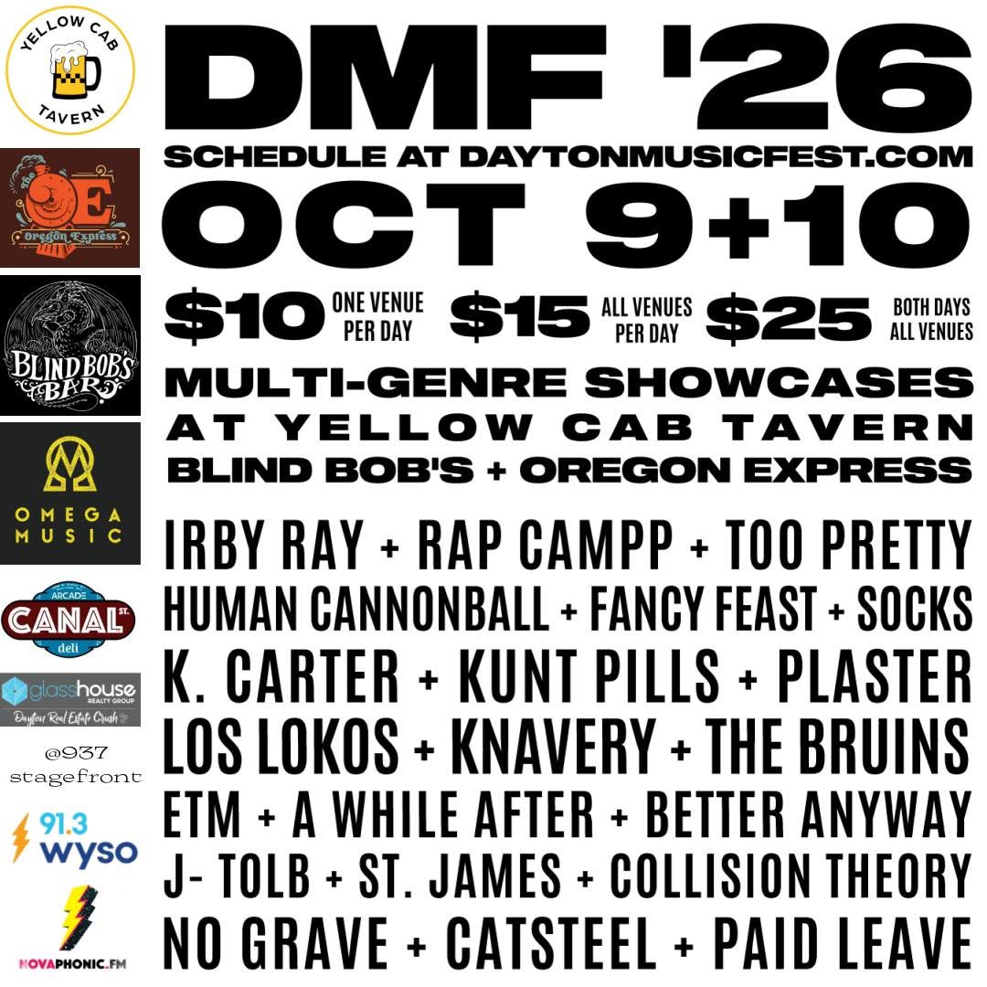Dayton Music Fest 2026 poster — Oct 9 & 10 at Yellow Cab Tavern, Blind Bob's & Oregon Express